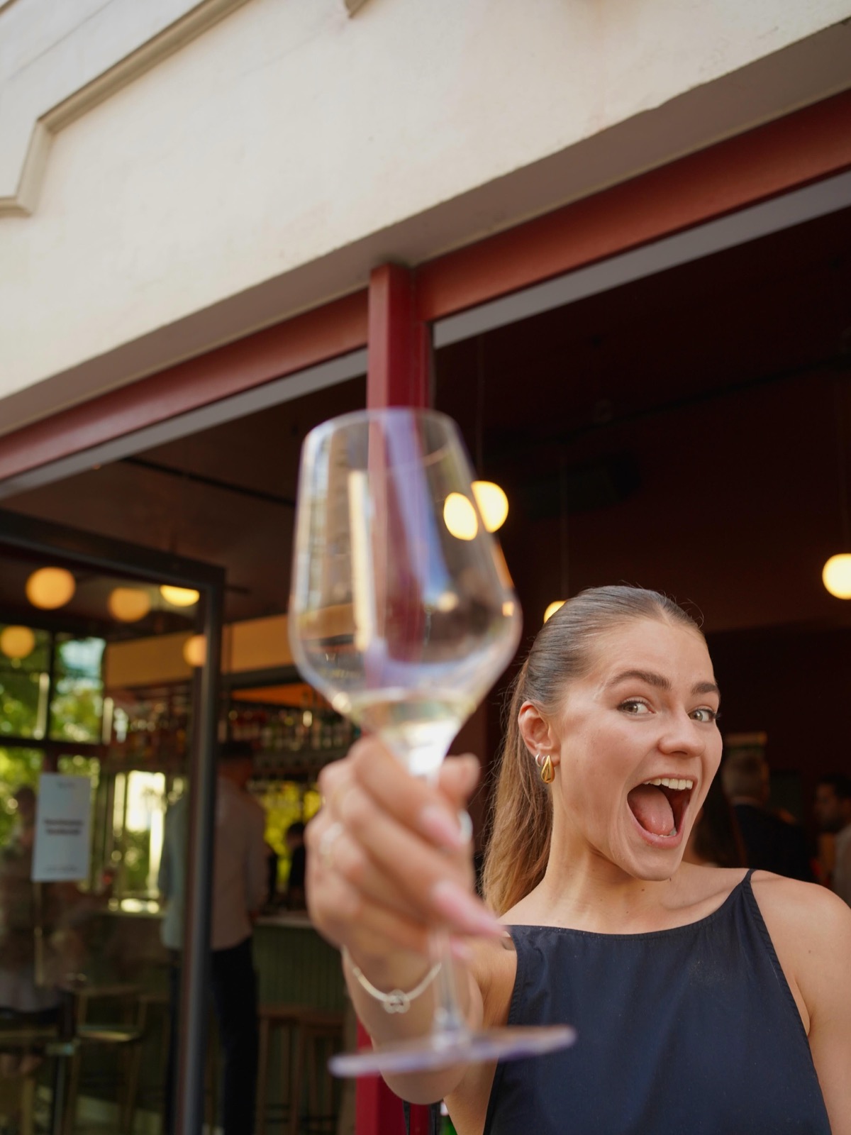 G&auml;stin sto&szlig;t mit einem Glas Wein an